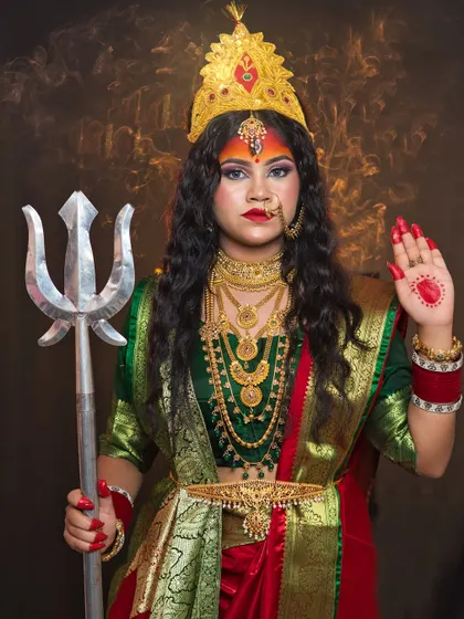 A serene and powerful depiction of the goddess Mahagauri. The makeup is clean and bright, reflecting the goddess's symbolism of purity and peace.