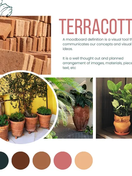 Our terracotta mood board. We champion this age-old material because it's porous, allowing plant roots to breathe, and is completely natural and biodegradable, making it a cornerstone of sustainable gardening.