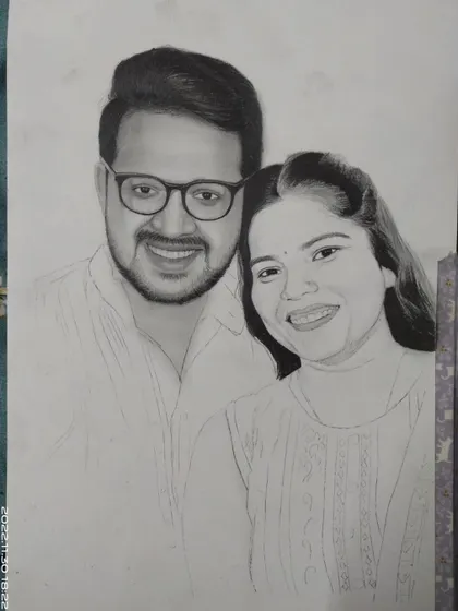 A progress shot of the couple's portrait. The man's face is fully shaded, and I have started adding detail to the woman's face and hair.