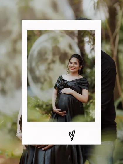 A polaroid-style portrait of the mother-to-be, with the giant moon prop creating a dreamy background.