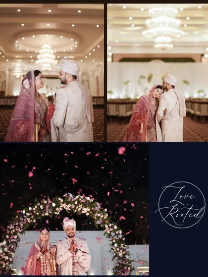 A collage showcasing the different stages of the ceremony, from the couple's portraits to the moment they are showered with petals, telling a complete story of their union.