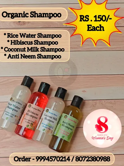 My range of organic, sulfate free shampoos. I offer four variants: Rice Water for shine, Hibiscus for conditioning, Coconut Milk for nourishment, and Anti Neem for a clean scalp.