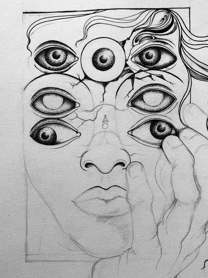 An earlier progress shot of the multi-eyed portrait.