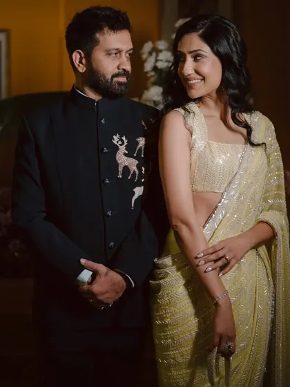 Another one of my styled couples featured by WeddingSutra. This showcases a modern reception look with a sequined saree and a tailored bandhgala with unique embroidery.