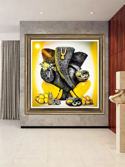 A digital Ganesha painting presented in a mockup frame with a warm, yellow-gold theme. This shows how the artwork can bring a sense of opulence and divinity to a modern living space.