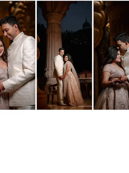 A collage of romantic portraits from a reception at The Leela Palace. The opulent interiors and warm lighting create a luxurious and intimate feel.