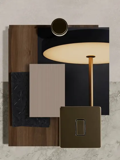 Dive into the depths of design sophistication with our moodboard. Black accents intertwine with warm walnut wood, while statement lights cast their glow on metallic elements and fluted textures.