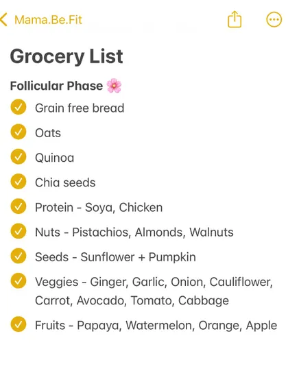 During your follicular phase, your energy is rising. This grocery list includes foods to support estrogen metabolism, like grain-free bread, oats, chicken, and plenty of fresh vegetables.