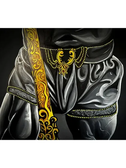 An identical shot of the waist detail. The delicate golden jewelry contrasts with the powerful physique, creating a balanced and visually interesting composition.