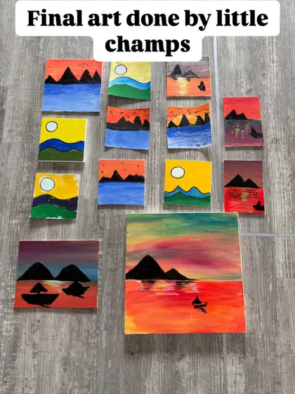 The final art pieces done by our little champs. This gallery showcases the beautiful landscapes they created, each one a testament to their focus and creativity.