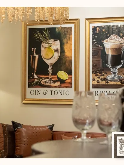 A closer view of the chic cocktail-inspired wall art. The detailed illustrations and classic framing make them a sophisticated addition to any bar area, celebrating the art of the cocktail.