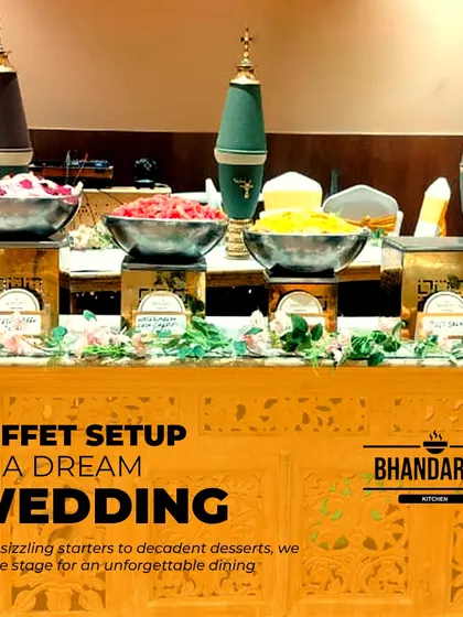 A dream wedding deserves a dream buffet. This dessert counter, part of my signature carved wooden setup, features a variety of sweets and salads presented in ornate bowls to create a stunning visual centerpiece.