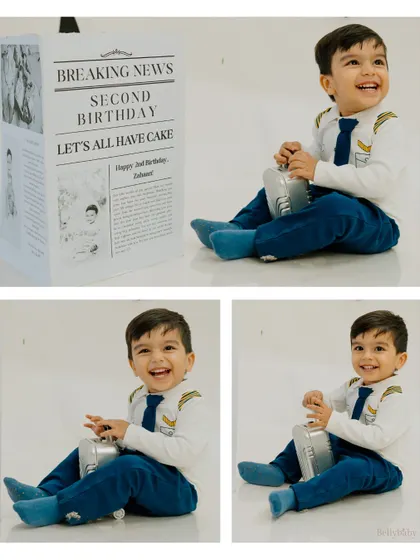 "Breaking News: Second Birthday!" This collage uses a fun newspaper prop to announce the big milestone for our little pilot.