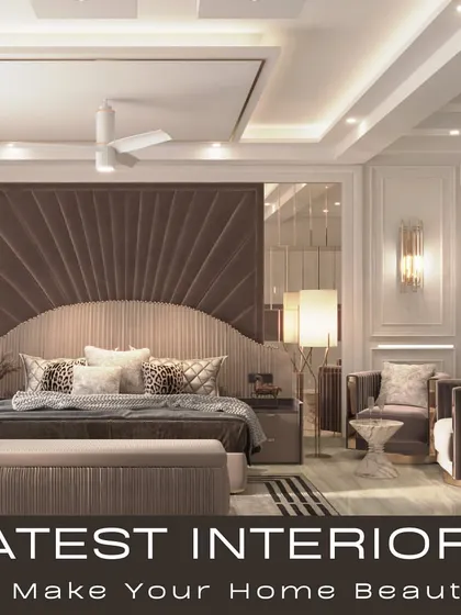 An inspirational post showcasing a luxurious bedroom with a large, fan-shaped upholstered headboard. The design combines classic wall moldings with modern furniture for a timeless look.
