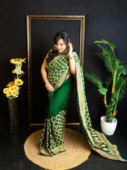 An alternate version of the traditional green saree portrait, with sunflowers added to the decor for a pop of contrasting color.