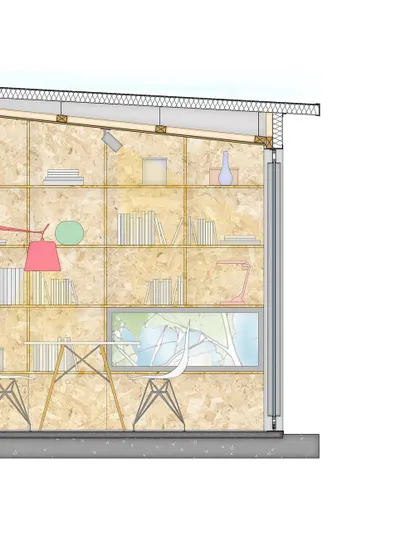 Another detail from an old drawing, showing a cross-section of a wall with built-in shelving. These technical drawings are the foundation upon which our built work stands.