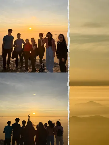 A collage capturing the breathtaking sunrise and the happy faces of our trekkers at Kaiwara Betta.