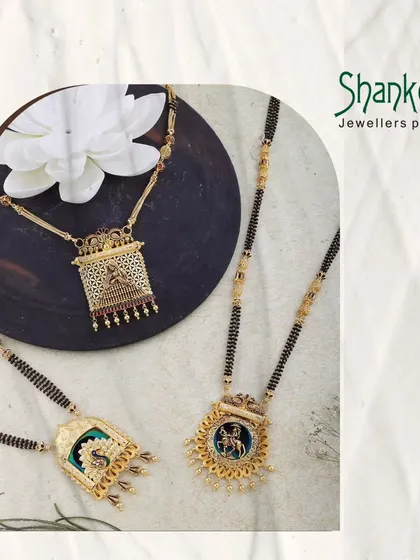 Crafted with love, worn with pride. This image displays three distinct mangalsutra pendant designs, including temple and peacock motifs, showcasing our creative range.