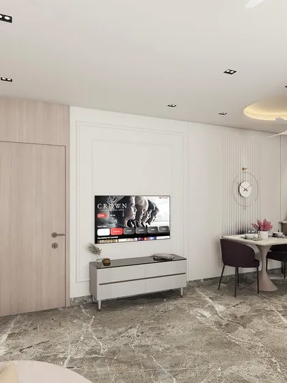 This 3D render shows the other side of the neo-classic living room, detailing the TV unit, dining area, and the flow of the space.