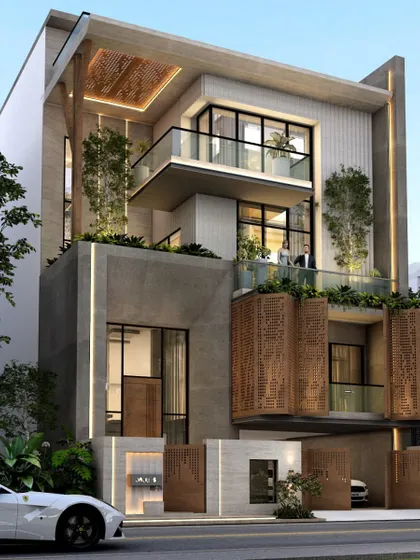 A design featuring a retractable jali screen that creates beautiful shadow play. This detail connects the indoor drawing-room with the outdoors, balancing privacy and openness.