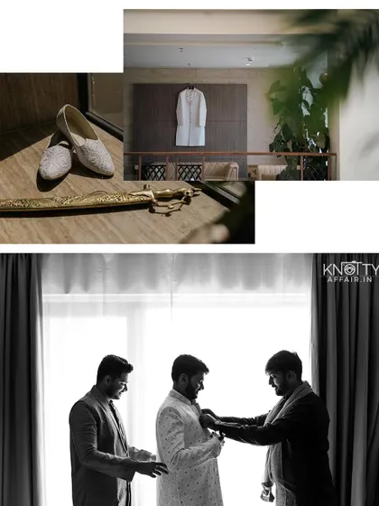 A collage of the groom getting ready, including details of his sherwani and shoes, and a black and white shot with his groomsmen.