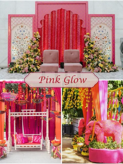 A "Pink Glow" theme that uses shades of pink with traditional Indian motifs and floral elephants to create a joyful and picturesque Haldi setting.
