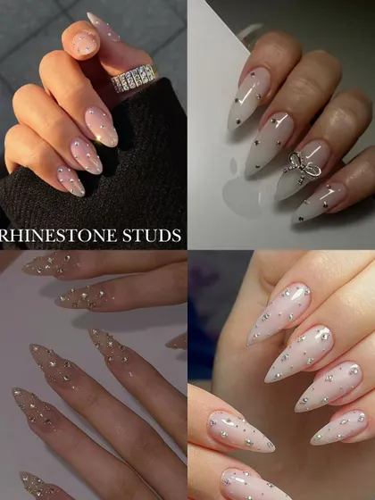 Rhinestone studs are a great way to add a touch of sparkle. This collage shows how delicate studs can be used to create beautiful, elegant designs on a neutral base.
