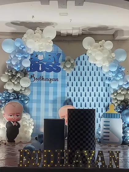 Another Boss Baby theme, this one showing a different style with a patterned backdrop and props like a giant baby bottle. I also included marquee letters with the child's name on the stage floor.
