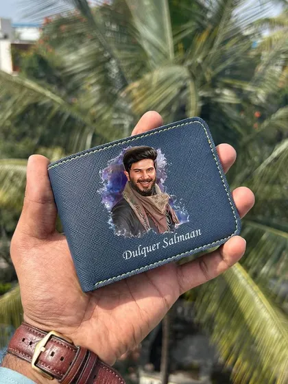 The blue Saffiona wallet, personalized with a photo of an actor. A great gift idea for a fan.
