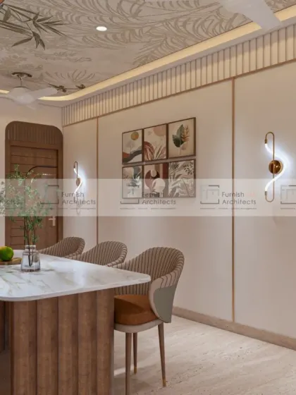 A dining space where the ceiling becomes a canvas, with a beautiful botanical wallpaper. The fluted-base dining table and modern wall sconces complete this nature-inspired, elegant look.