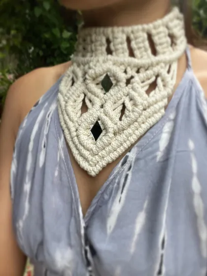 Another angle of this beautiful collar necklace. The design is inspired by tribal patterns, and I use soft cotton cord to make it comfortable to wear all day or night.