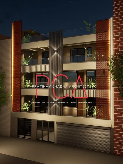 An angled render of the Outram Lines facade, emphasizing the depth created by the balconies and the vertical lighting elements.