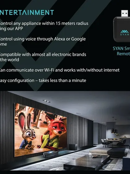 The SYAN Smart Remote transforms your entertainment experience. It controls any IR appliance within a 15-meter radius via the app or voice, works with or without internet, and is compatible with almost all electronic brands.