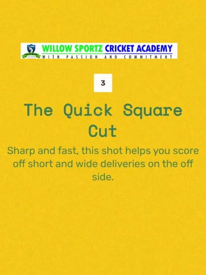 A graphic explaining the quick square cut. We teach our batsmen to be aggressive and punish any short and wide deliveries from the bowler.