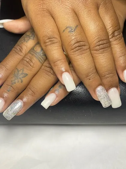 Another angle of the milky white and holographic glitter bridal set, showing how the nails look from the side and the smooth finish of the extension.