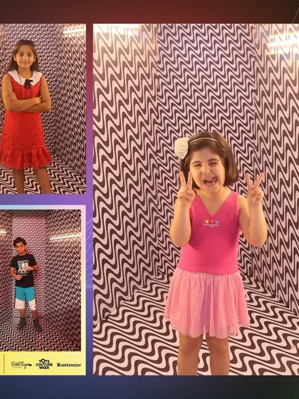 A collage of adorable kids posing at Tots Couture Week. Our booth, set against a fun, wavy backdrop, was the perfect spot for young fashionistas to shine.