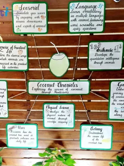 A mind map illustrates how our "Coconut Chronicles" project integrated all areas of the Montessori curriculum, from botany and geography to language and math.