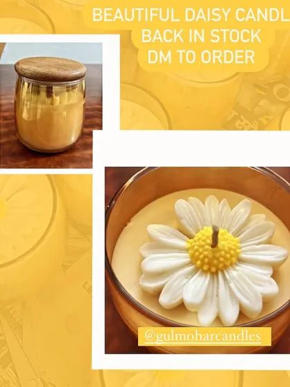 An announcement that my popular daisy candles are back in stock. You can customize your favorite scent to go with this beautiful design.