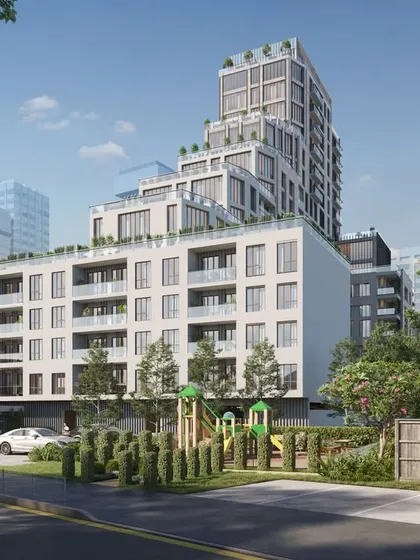 An architectural rendering for a client in London, UK. The image shows a multi-level residential building with stepped terraces, situated next to a park, highlighting its family-friendly location.
