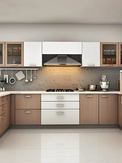 A U-shaped kitchen with a mix of wood-finish and white cabinets, creating a balanced and timeless design.