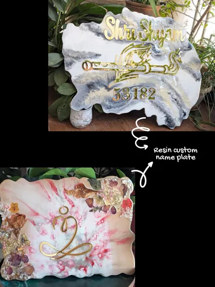 A collection of custom resin nameplates, including one with "Shri Shyam" and a flute, and another with a floral design and a spiritual symbol.