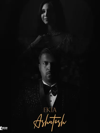 A dramatic black and white portrait of Ekta and Ashutosh, capturing the intensity and elegance of their bond.