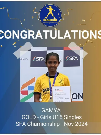 Congratulations to Gamya for winning the Gold medal in the Girls U15 Singles category at the SFA Championship.
