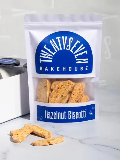 My Hazelnut Biscotti, conveniently packed and ready for your event. These are great for coffee breaks during corporate meetings or as part of a larger dessert spread.