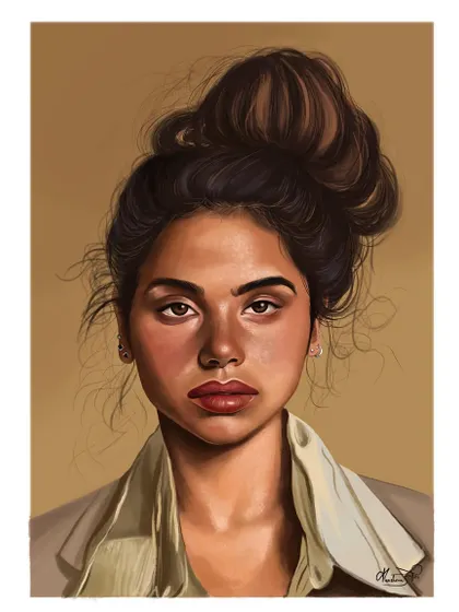 A digital colour portrait of a woman with her hair in a bun. My focus here was on creating soft, realistic skin tones and capturing a natural, direct gaze.