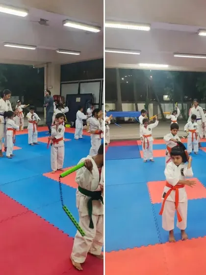 A collage showing different moments from our Nunchaku training session, from individual practice to group drills.