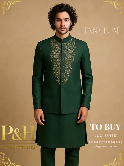 Another elegant option for a Mehndi ceremony, this dark green kurta is paired with a structured, embroidered jacket, offering a different layering style.