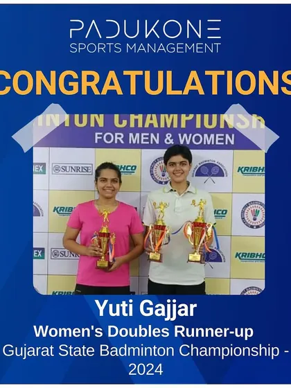 Congratulations to Yuti Gajjar, seen here with her partner, on becoming the Women's Doubles Runner-up at the Gujarat State Badminton Championship.