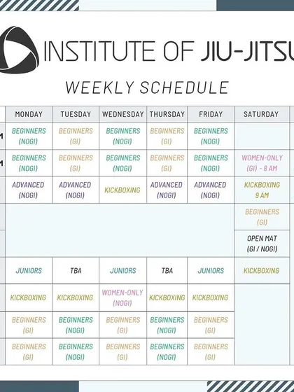 Here is our weekly class schedule. You can find the dedicated time slots for the "Juniors" program, designed for kids aged 4 to 12. I also offer a range of classes for adults, including Beginners, Advanced, and Kickboxing, so the whole family can train.