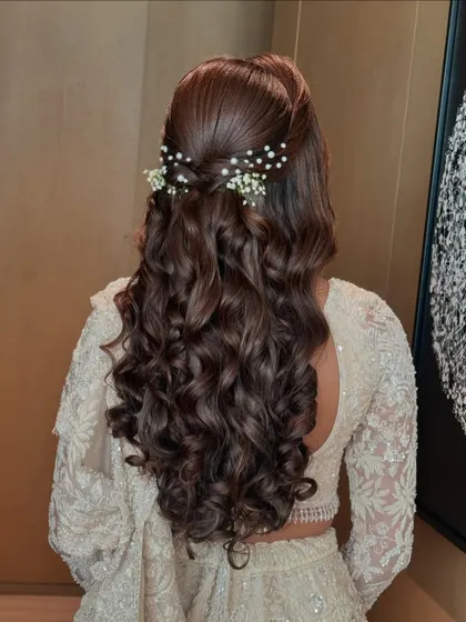 This angle shows the beautiful shine and texture of the curls. It's a glamorous yet soft style, perfect for a reception or engagement party.